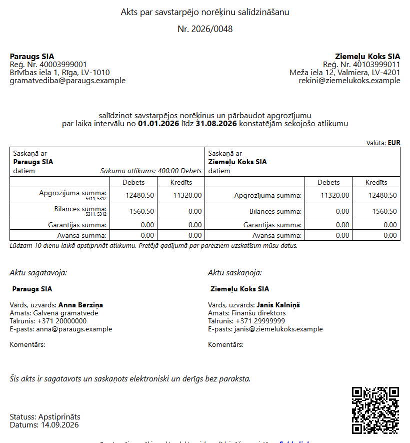 Confirmed statement with a QR code, valid without a signature